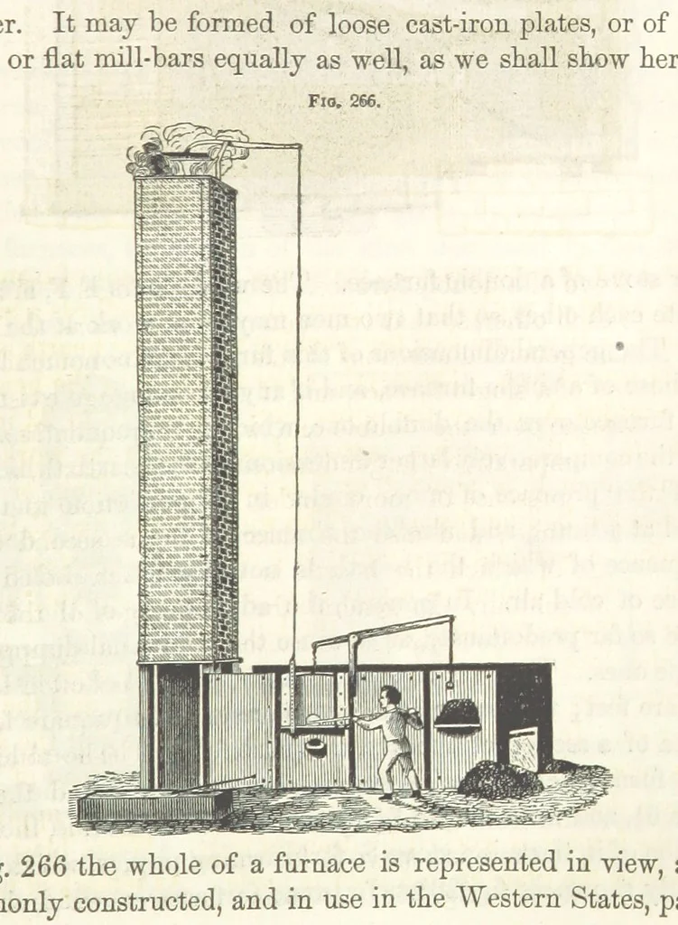An illustration from A Treatise on Metallurgy; comprising mining, and general and particular metallurgical operations, etc, 1852, leaf 573
