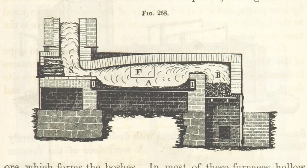 An illustration from A Treatise on Metallurgy; comprising mining, and general and particular metallurgical operations, etc, 1852, leaf 575