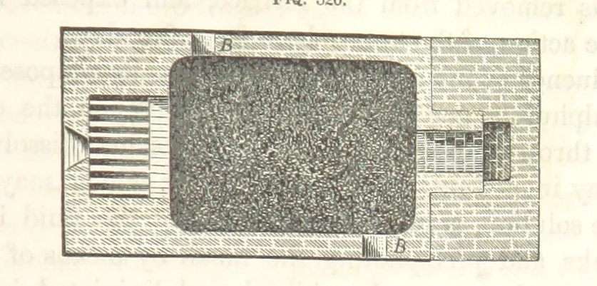 An illustration from A Treatise on Metallurgy; comprising mining, and general and particular metallurgical operations, etc, 1852, leaf 651