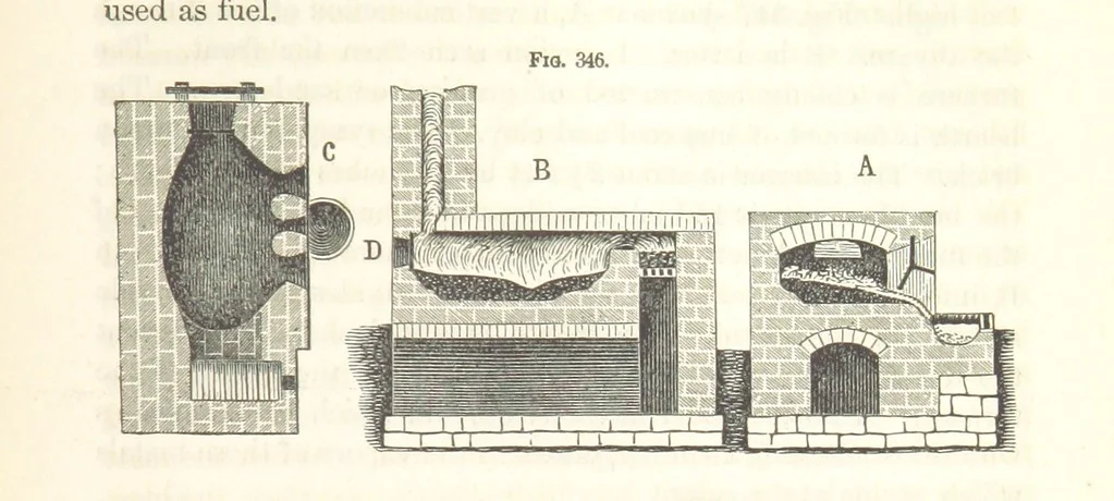 An illustration from A Treatise on Metallurgy; comprising mining, and general and particular metallurgical operations, etc, 1852, leaf 677