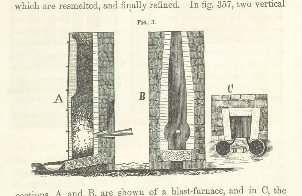 An illustration from A Treatise on Metallurgy; comprising mining, and general and particular metallurgical operations, etc, 1852, leaf 701