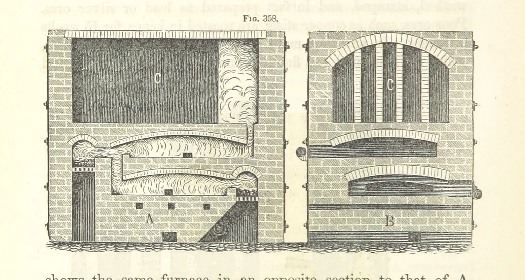 An illustration from A Treatise on Metallurgy; comprising mining, and general and particular metallurgical operations, etc, 1852, leaf 702