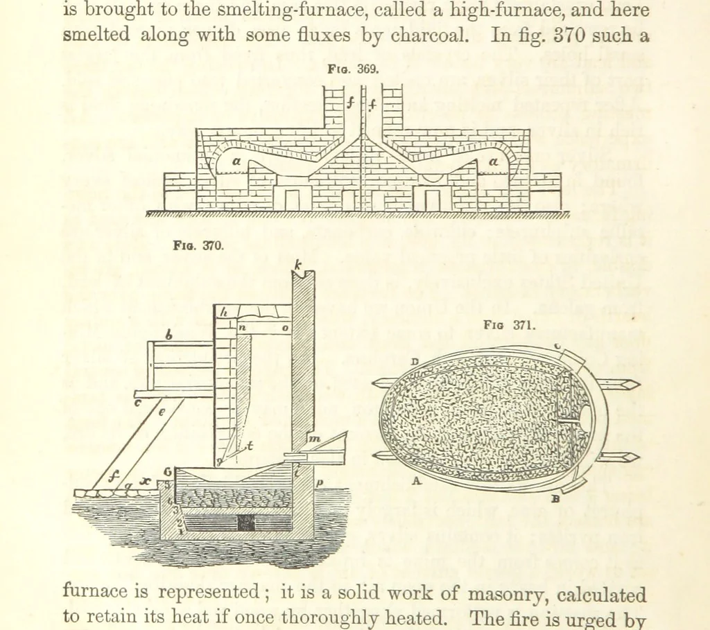 An illustration from A Treatise on Metallurgy; comprising mining, and general and particular metallurgical operations, etc, 1852, leaf 722