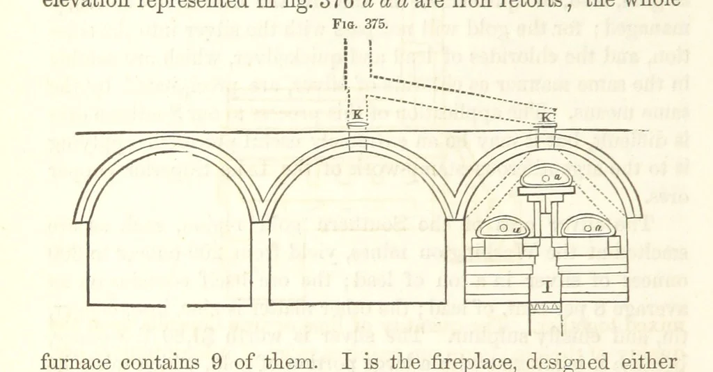 An illustration from A Treatise on Metallurgy; comprising mining, and general and particular metallurgical operations, etc, 1852, leaf 728