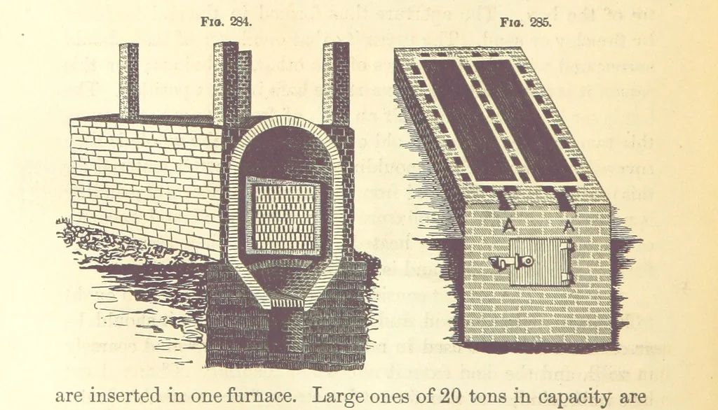 An illustration from A Treatise on Metallurgy; comprising mining, and general and particular metallurgical operations, etc, 1880, leaf 600