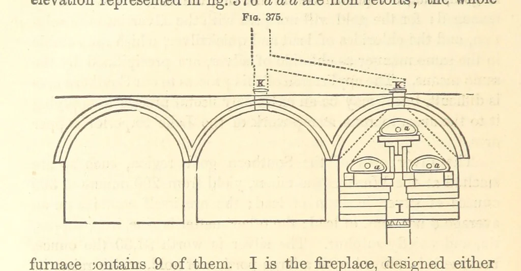 An illustration from A Treatise on Metallurgy; comprising mining, and general and particular metallurgical operations, etc, 1880, leaf 726