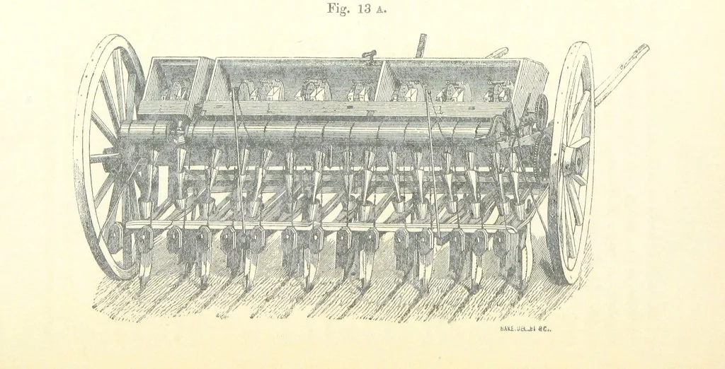 An illustration from Farming Implements, their various uses and recent modern improvements compared with the old machines. By F. D. P, 1847, leaf 50