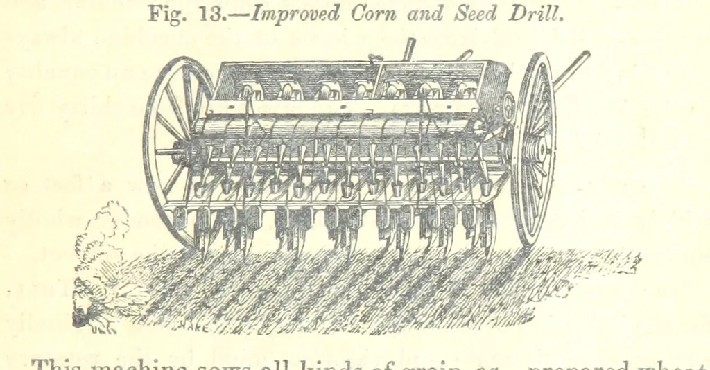 An illustration from Farming Implements, their various uses and recent modern improvements compared with the old machines. By F. D. P, 1847, leaf 51