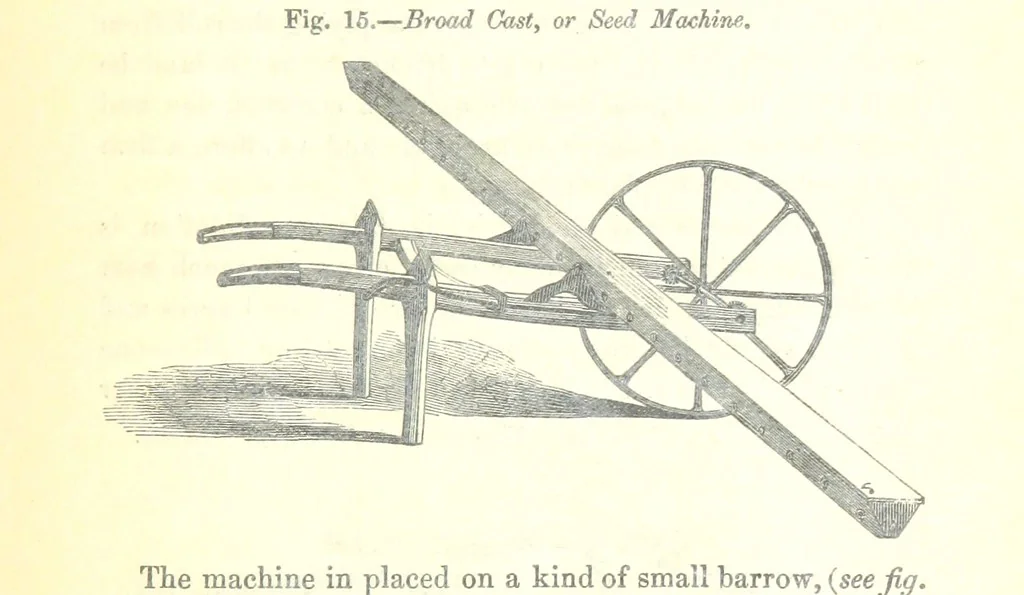 An illustration from Farming Implements, their various uses and recent modern improvements compared with the old machines. By F. D. P, 1847, leaf 55