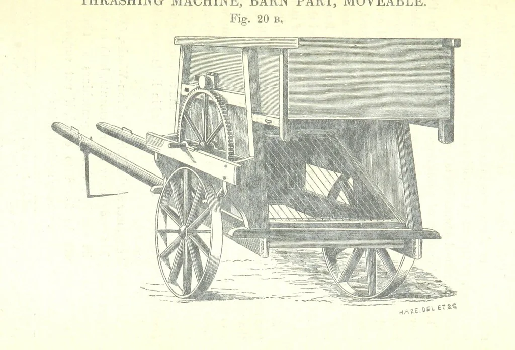 An illustration from Farming Implements, their various uses and recent modern improvements compared with the old machines. By F. D. P, 1847, leaf 65