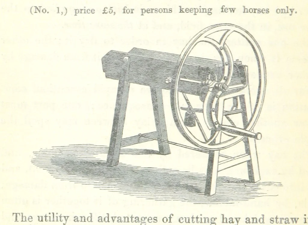 An illustration from Farming Implements, their various uses and recent modern improvements compared with the old machines. By F. D. P, 1847, leaf 74