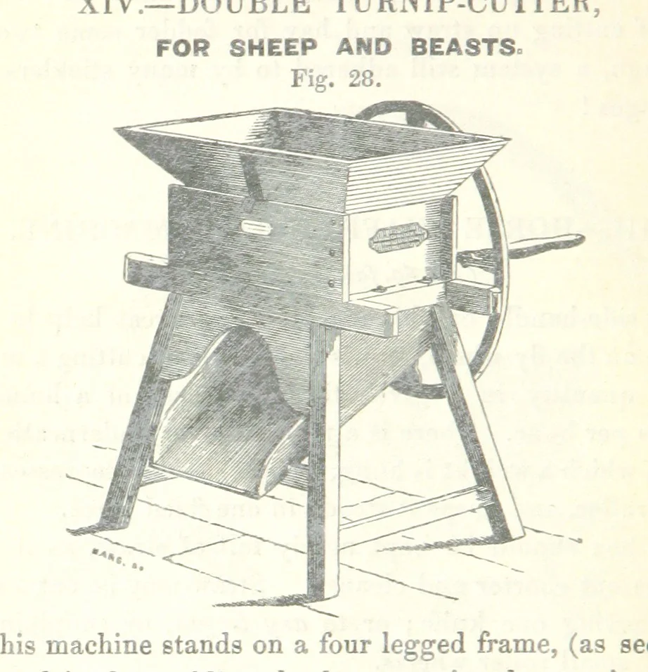 An illustration from Farming Implements, their various uses and recent modern improvements compared with the old machines. By F. D. P, 1847, leaf 80