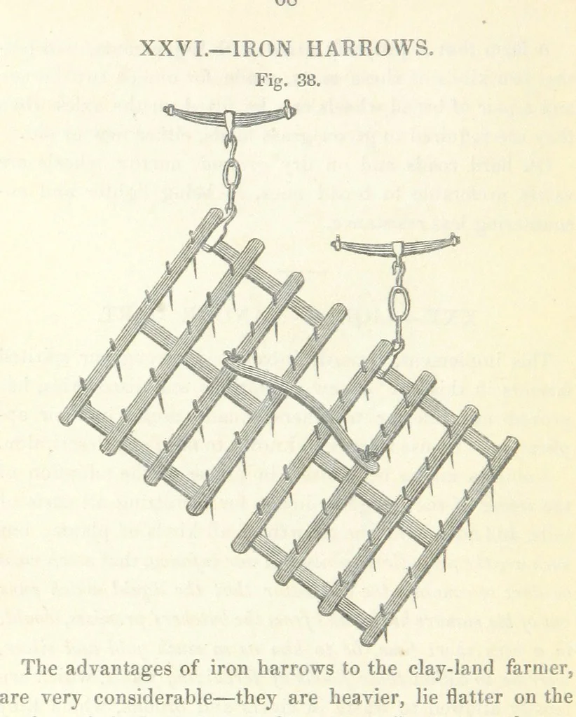 An illustration from Farming Implements, their various uses and recent modern improvements compared with the old machines. By F. D. P, 1847, leaf 94
