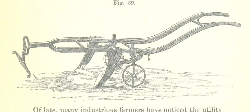 An illustration from Farming Implements, their various uses and recent modern improvements compared with the old machines. By F. D. P, 1847, leaf 95