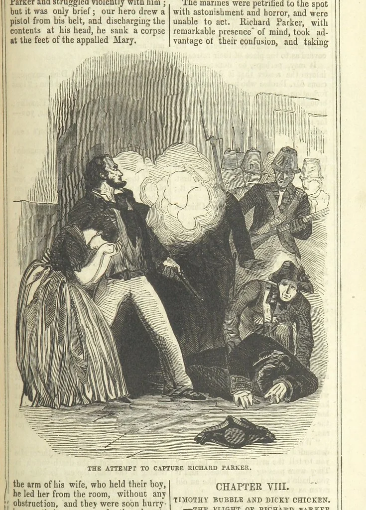 An illustration from Richard Parker, or, the Mutiny at the Nore. A romance. By the author of “Gallant Tom,” etc. [i.e. T. P. Prest, 1851, leaf 47