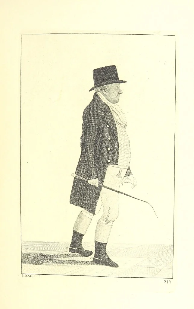 An illustration from A series of original Portraits and Caricature Etchings by ... J. Kay; ... with biographical sketches and illustrative anecdotes. [Edited by H. P, 1877, leaf 217