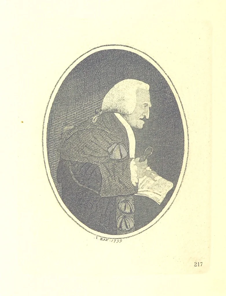An illustration from A series of original Portraits and Caricature Etchings by ... J. Kay; ... with biographical sketches and illustrative anecdotes. [Edited by H. P, 1877, leaf 242