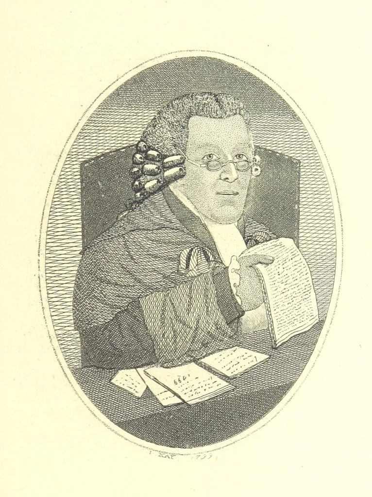 An illustration from A series of original Portraits and Caricature Etchings by ... J. Kay; ... with biographical sketches and illustrative anecdotes. [Edited by H. P, 1877, leaf 375
