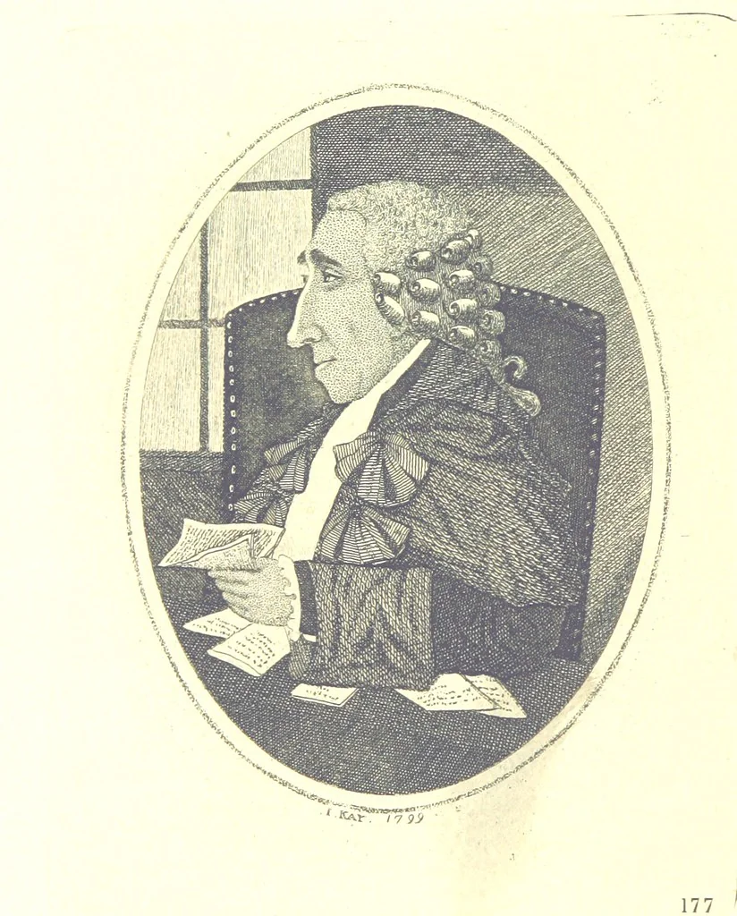 An illustration from A series of original Portraits and Caricature Etchings by ... J. Kay; ... with biographical sketches and illustrative anecdotes. [Edited by H. P, 1877, leaf 46