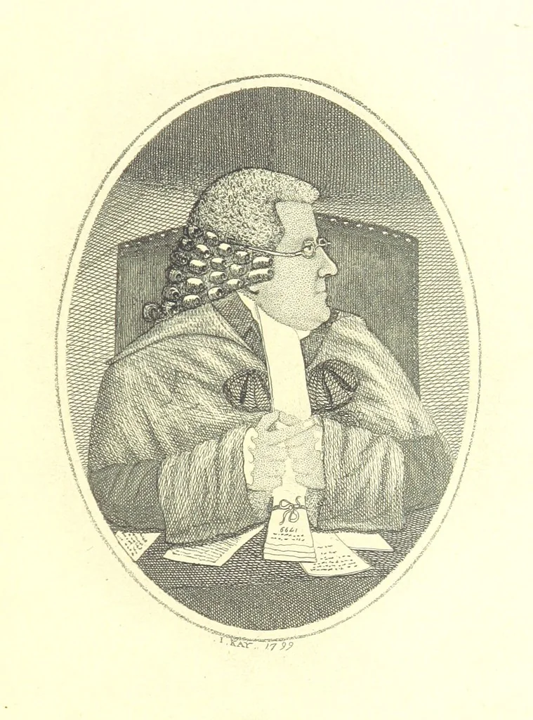 An illustration from A series of original Portraits and Caricature Etchings by ... J. Kay; ... with biographical sketches and illustrative anecdotes. [Edited by H. P, 1877, leaf 571
