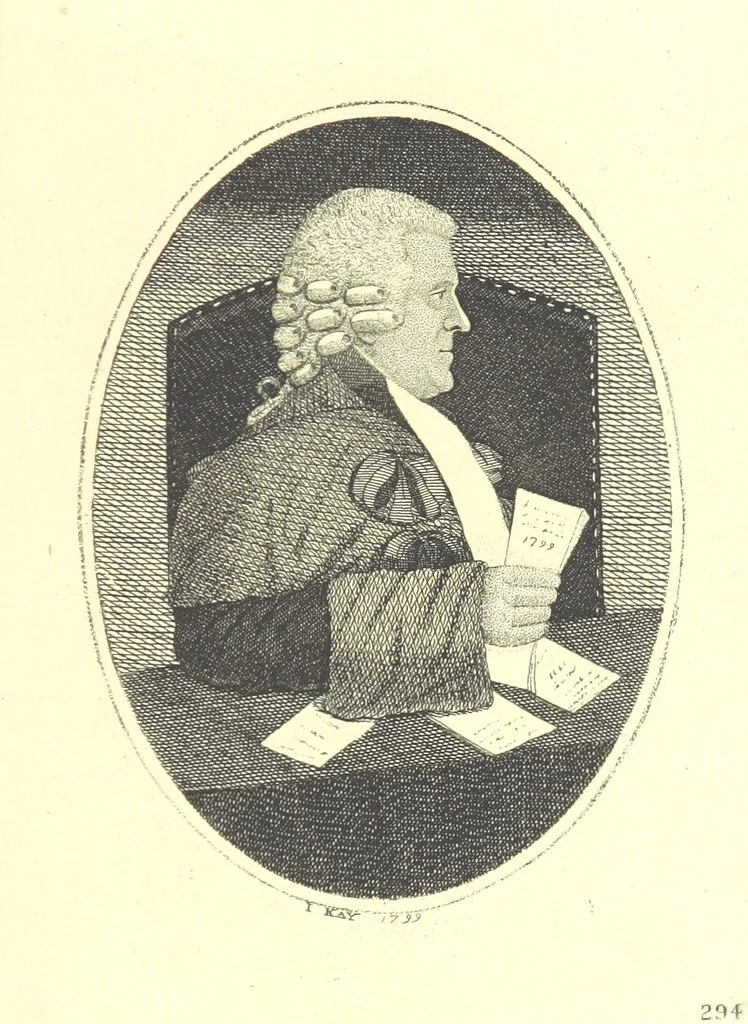 An illustration from A series of original Portraits and Caricature Etchings by ... J. Kay; ... with biographical sketches and illustrative anecdotes. [Edited by H. P, 1877, leaf 629