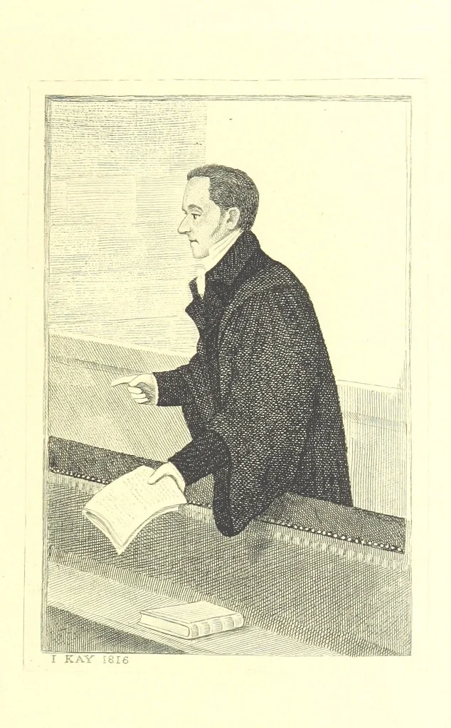 An illustration from A series of original Portraits and Caricature Etchings by ... J. Kay; ... with biographical sketches and illustrative anecdotes. [Edited by H. P, 1877, leaf 663