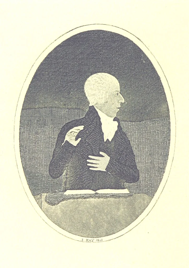 An illustration from A series of original Portraits and Caricature Etchings by ... J. Kay; ... with biographical sketches and illustrative anecdotes. [Edited by H. P, 1877, leaf 78