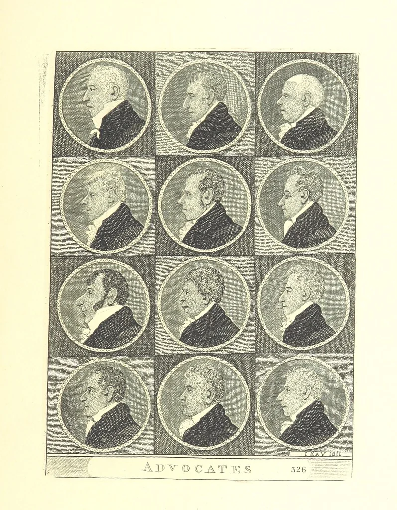 An illustration from A series of original Portraits and Caricature Etchings by ... J. Kay; ... with biographical sketches and illustrative anecdotes. [Edited by H. P, 1877, leaf 787