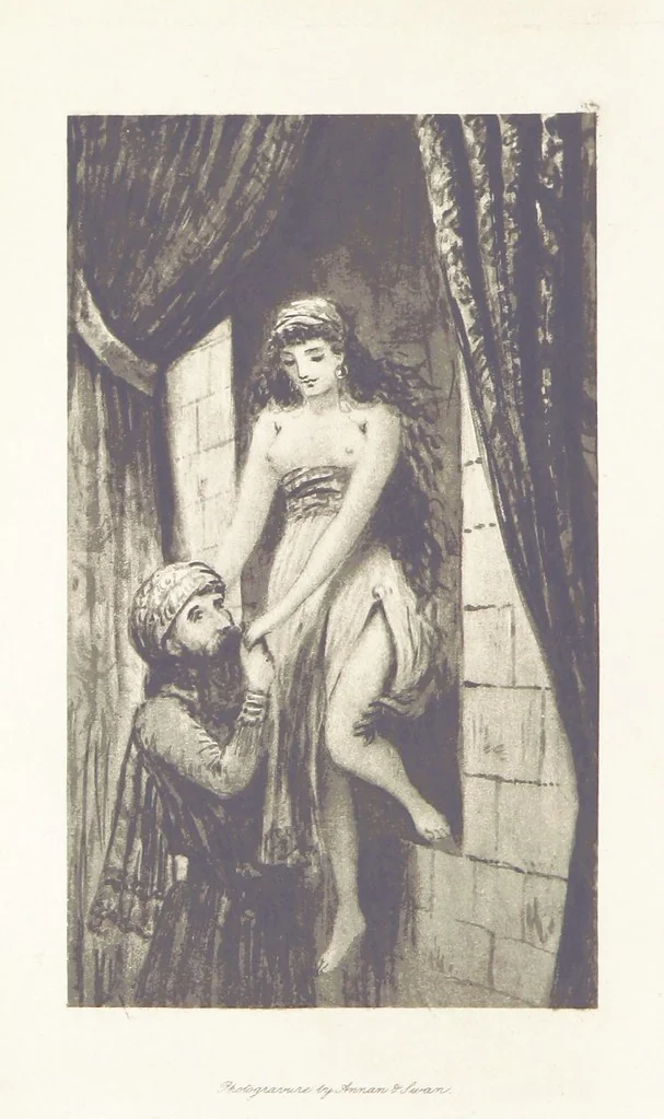 An illustration from The Chronicle of Clemendy; or, the history of the IX. Joyous Journeys. In which are contained the ... facetious tales of Master Gervase Perrot ... done into English [or rather, written] by A. Machen, 1888, leaf 8
