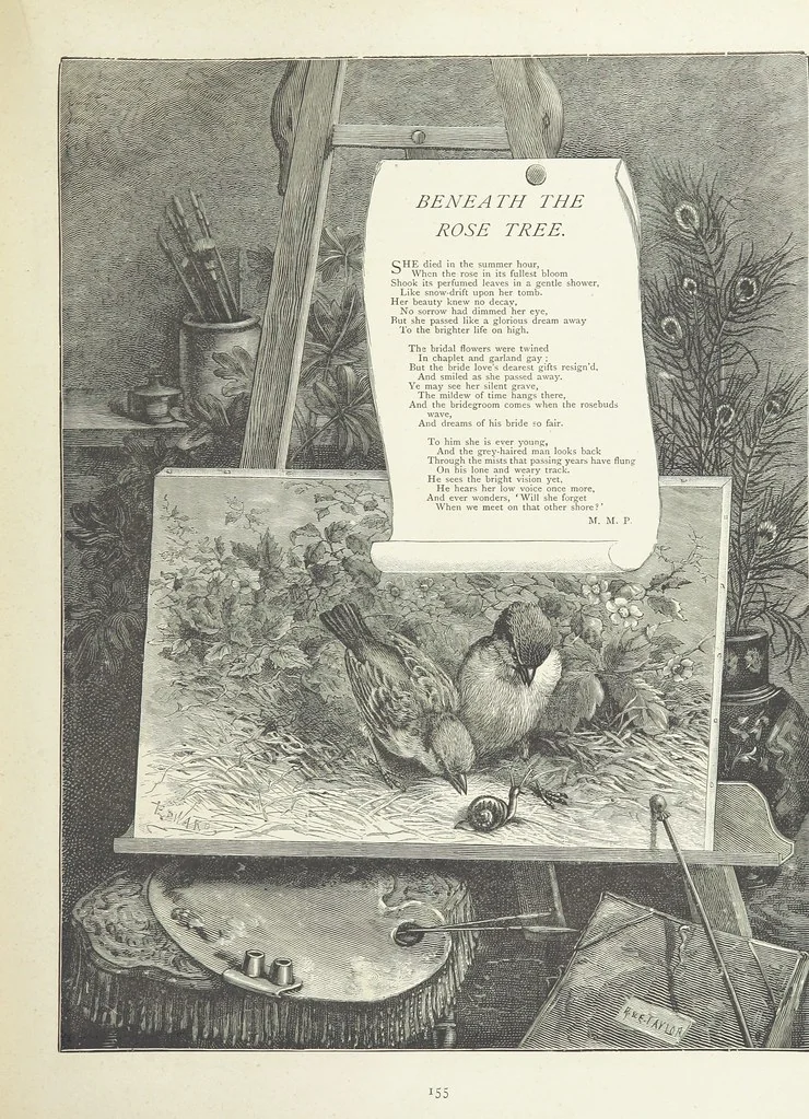 An illustration from A Crown of Flowers, being poems and pictures collected from the pages of The Girl's Own Paper. Edited by C. Peters, 1883, leaf 159