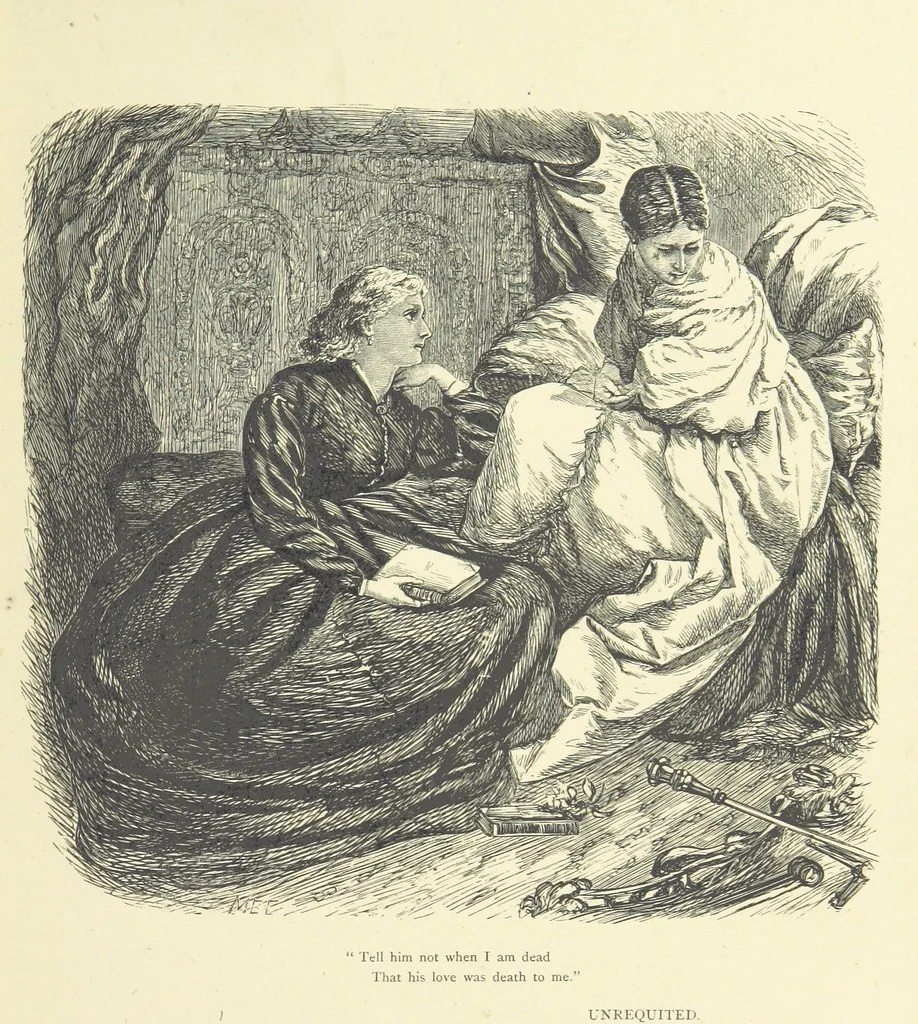 An illustration from Idyllic Pictures. Drawn by Barnes, Miss E. Edwards, P. Gray, Houghton, R. P. Leitch, Pinwell, Sandys, Small, G. Thomas, etc, 1867, leaf 137