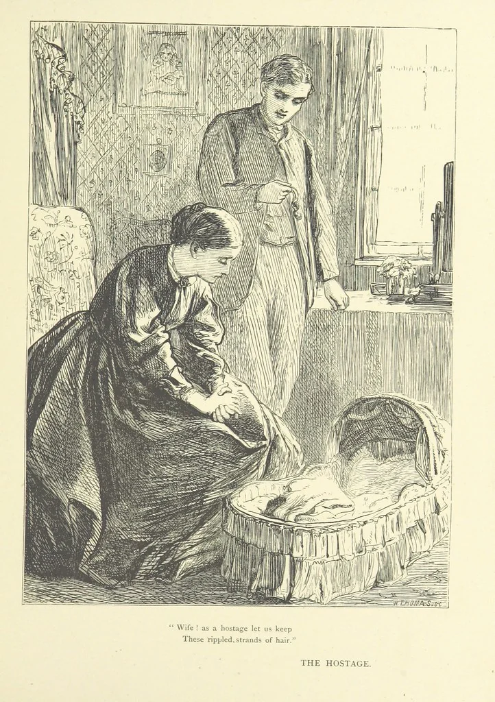 An illustration from Idyllic Pictures. Drawn by Barnes, Miss E. Edwards, P. Gray, Houghton, R. P. Leitch, Pinwell, Sandys, Small, G. Thomas, etc, 1867, leaf 145