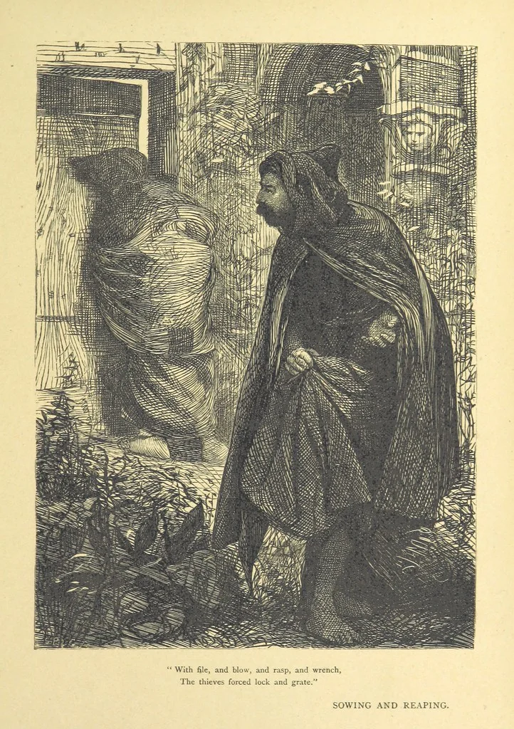 An illustration from Idyllic Pictures. Drawn by Barnes, Miss E. Edwards, P. Gray, Houghton, R. P. Leitch, Pinwell, Sandys, Small, G. Thomas, etc, 1867, leaf 197