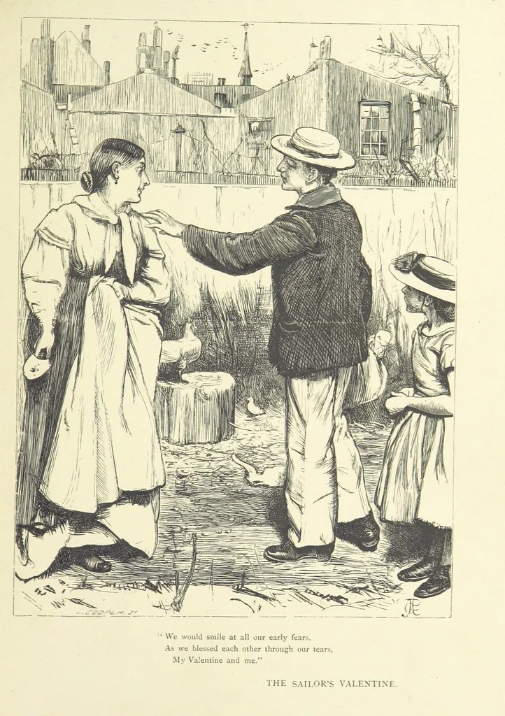 An illustration from Idyllic Pictures. Drawn by Barnes, Miss E. Edwards, P. Gray, Houghton, R. P. Leitch, Pinwell, Sandys, Small, G. Thomas, etc, 1867, leaf 53