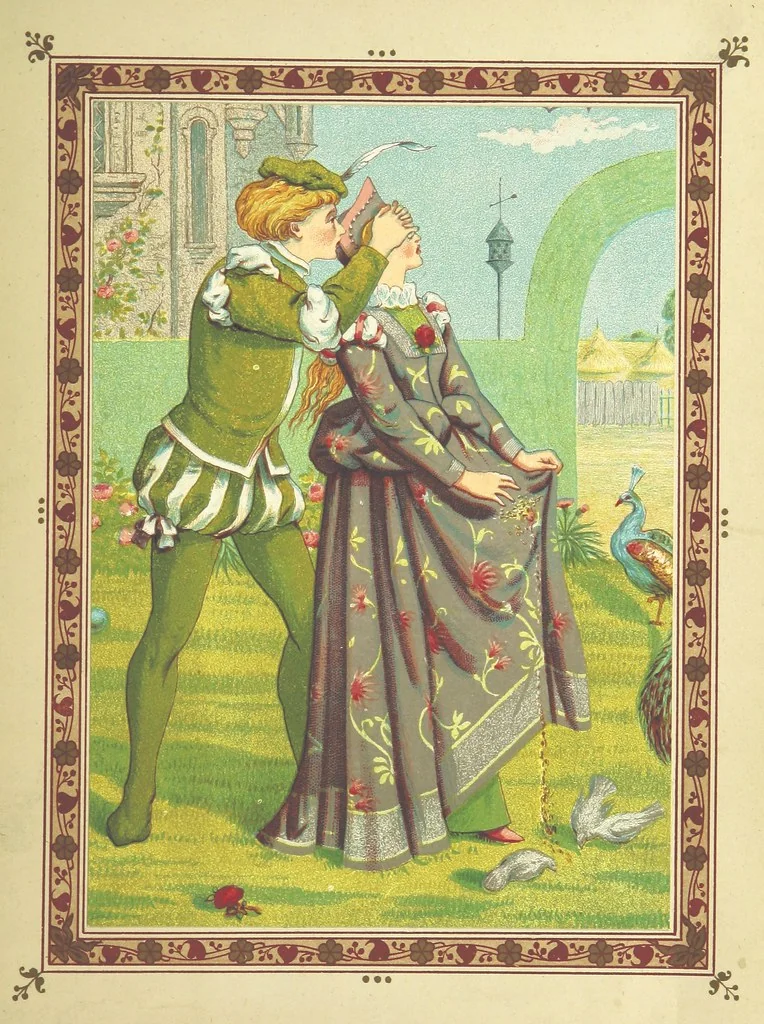 An illustration from The Quiver of Love. A collection of Valentines ancient and modern. With illustrations, in colors, ... by W. Crane and Kate Greenaway, 1876, leaf 53