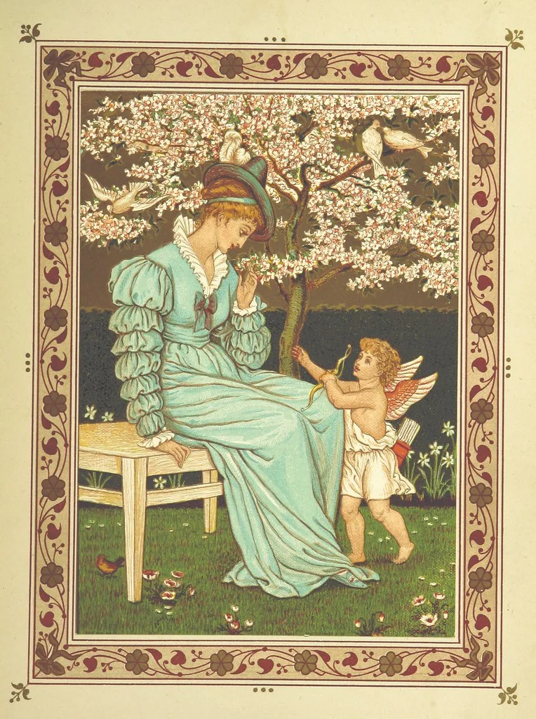 An illustration from The Quiver of Love. A collection of Valentines ancient and modern. With illustrations, in colors, ... by W. Crane and Kate Greenaway, 1876, leaf 71