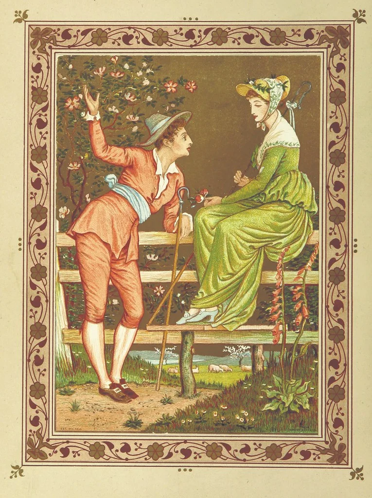 An illustration from The Quiver of Love. A collection of Valentines ancient and modern. With illustrations, in colors, ... by W. Crane and Kate Greenaway, 1876, leaf 8