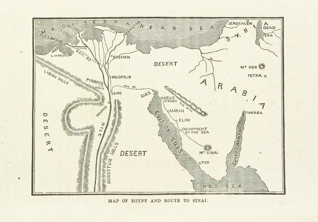 An illustration from The Handwriting of God in Egypt, Sinai, and the Holy Land: the records of a journey from the great Valley of the West to the Sacred Places of the East. ... With maps, diagrams, and ... illustrations, 1867, leaf 18