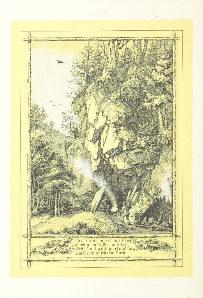 An illustration from Hieronymus. Lebensbilder aus der Baar und dem Schwarzwalde, entworfen und geschildert von L. Reich, mit der Feder auf Stein gezeichnet von J. N. Heinemann, 1885, leaf 100