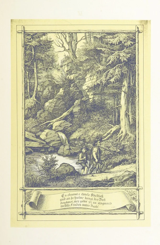 An illustration from Hieronymus. Lebensbilder aus der Baar und dem Schwarzwalde, entworfen und geschildert von L. Reich, mit der Feder auf Stein gezeichnet von J. N. Heinemann, 1885, leaf 129