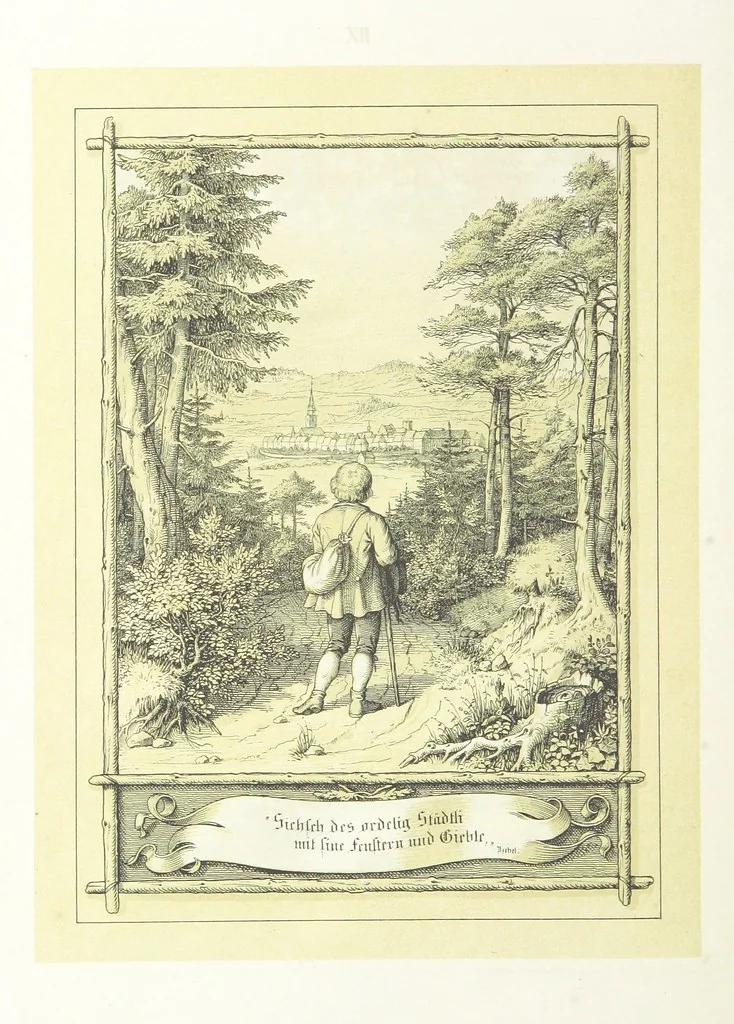An illustration from Hieronymus. Lebensbilder aus der Baar und dem Schwarzwalde, entworfen und geschildert von L. Reich, mit der Feder auf Stein gezeichnet von J. N. Heinemann, 1885, leaf 142