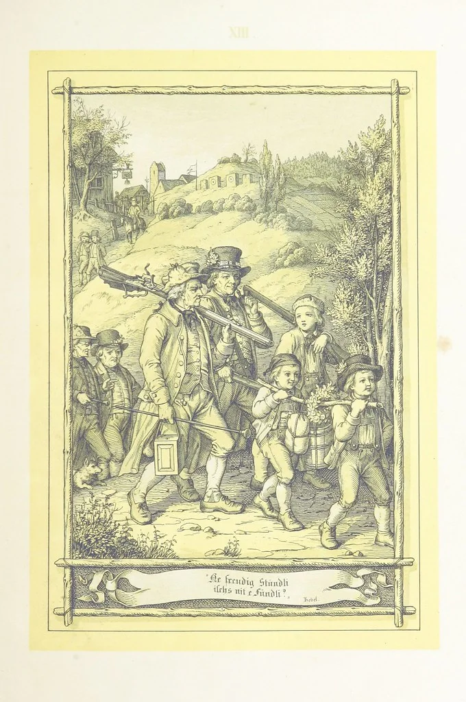 An illustration from Hieronymus. Lebensbilder aus der Baar und dem Schwarzwalde, entworfen und geschildert von L. Reich, mit der Feder auf Stein gezeichnet von J. N. Heinemann, 1885, leaf 153