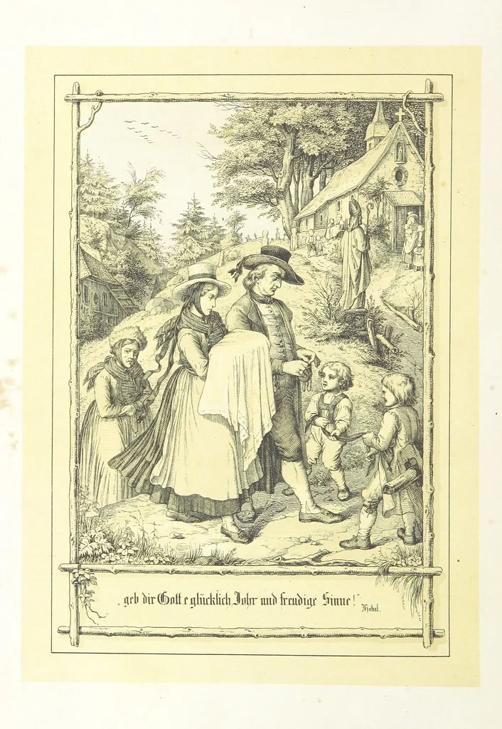 An illustration from Hieronymus. Lebensbilder aus der Baar und dem Schwarzwalde, entworfen und geschildert von L. Reich, mit der Feder auf Stein gezeichnet von J. N. Heinemann, 1885, leaf 20