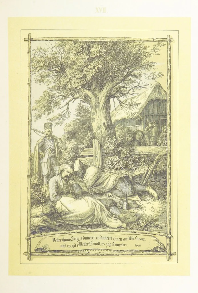 An illustration from Hieronymus. Lebensbilder aus der Baar und dem Schwarzwalde, entworfen und geschildert von L. Reich, mit der Feder auf Stein gezeichnet von J. N. Heinemann, 1885, leaf 205
