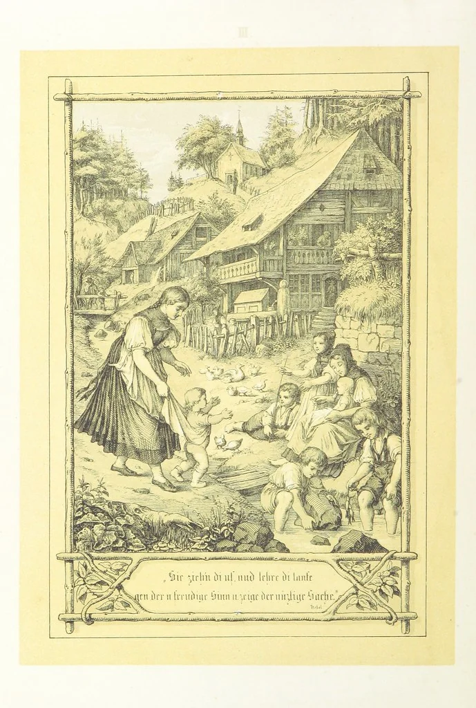 An illustration from Hieronymus. Lebensbilder aus der Baar und dem Schwarzwalde, entworfen und geschildert von L. Reich, mit der Feder auf Stein gezeichnet von J. N. Heinemann, 1885, leaf 44