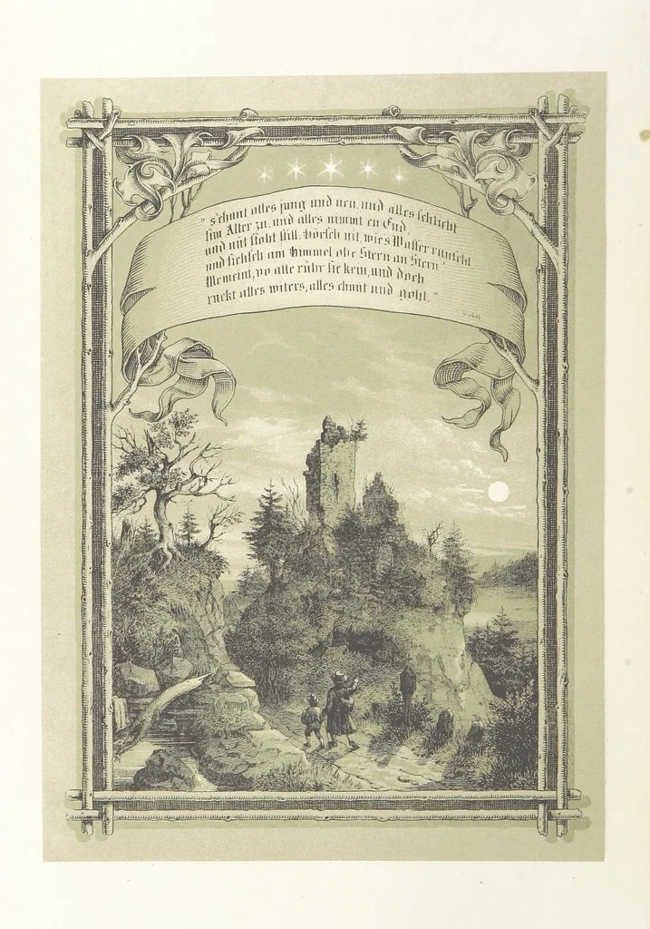 An illustration from Hieronymus. Lebensbilder aus der Baar und dem Schwarzwalde, entworfen und geschildert von L. Reich, mit der Feder auf Stein gezeichnet von J. N. Heinemann, 1885, leaf 8