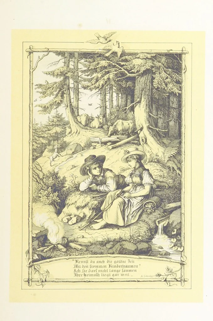 An illustration from Hieronymus. Lebensbilder aus der Baar und dem Schwarzwalde, entworfen und geschildert von L. Reich, mit der Feder auf Stein gezeichnet von J. N. Heinemann, 1885, leaf 83