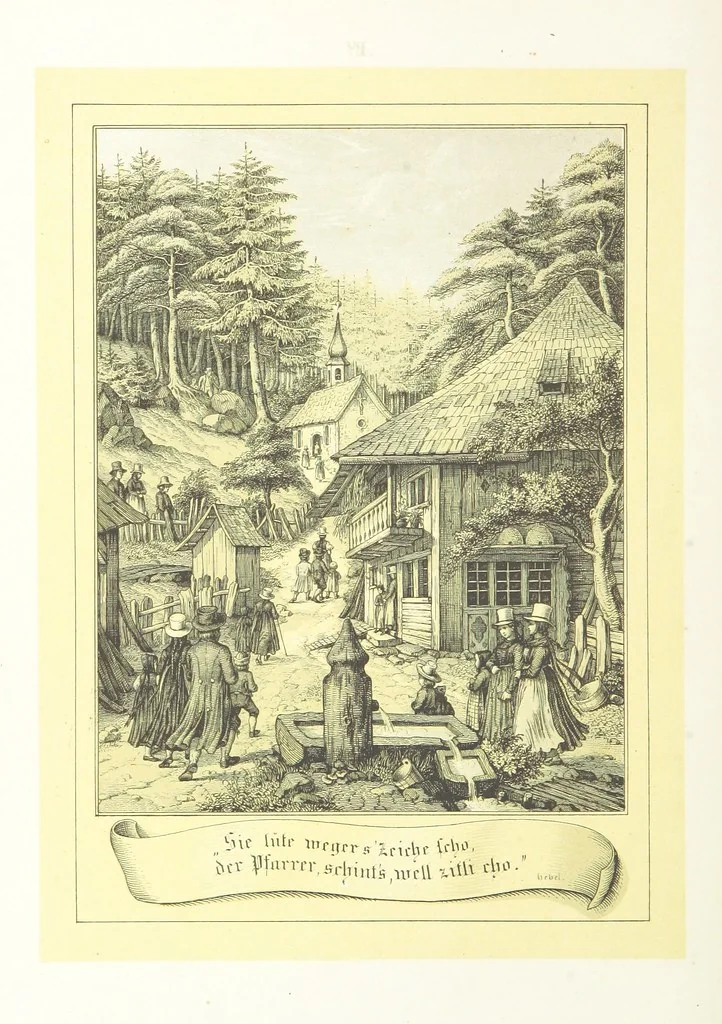An illustration from Hieronymus. Lebensbilder aus der Baar und dem Schwarzwalde, entworfen und geschildert von L. Reich, mit der Feder auf Stein gezeichnet von J. N. Heinemann, 1885, leaf 92