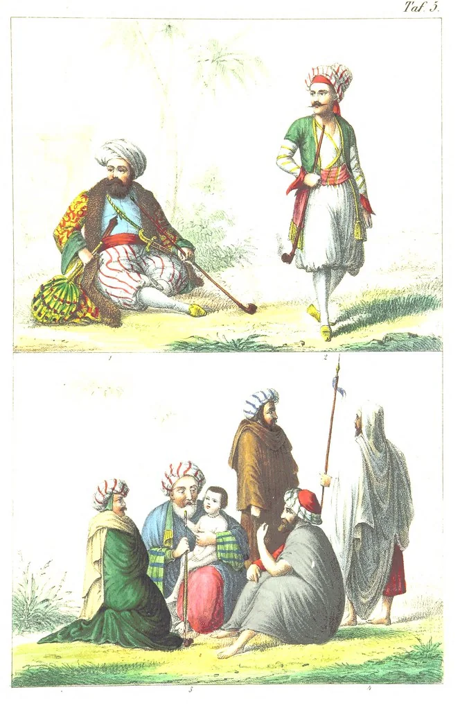 An illustration from Die Völker der Erde nach ihrer Eigenthümlichkeit in Regierungsform, Sitten und Nationaltracht durch Wort und Bild, geschildert nach den Werken eines Barrow, H. Barth, Catlin, etc. Herausgegeben von A. B. Reichenbach. Mit 50 Tafeln colorirten Abbildungen, 1859, leaf 445