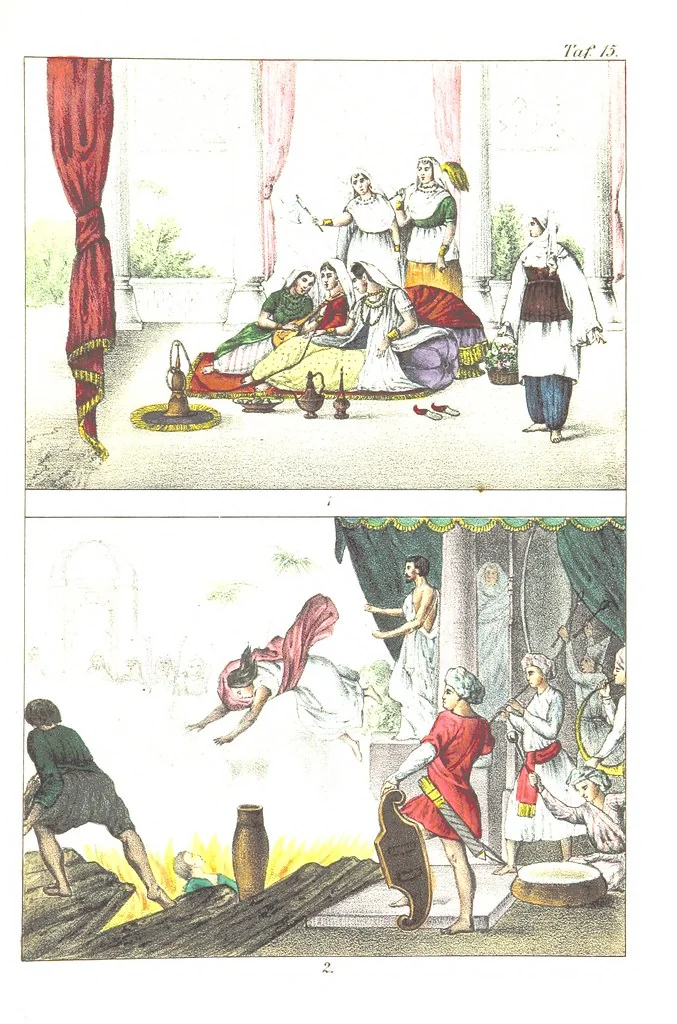 An illustration from Die Völker der Erde nach ihrer Eigenthümlichkeit in Regierungsform, Sitten und Nationaltracht durch Wort und Bild, geschildert nach den Werken eines Barrow, H. Barth, Catlin, etc. Herausgegeben von A. B. Reichenbach. Mit 50 Tafeln colorirten Abbildungen, 1859, leaf 465